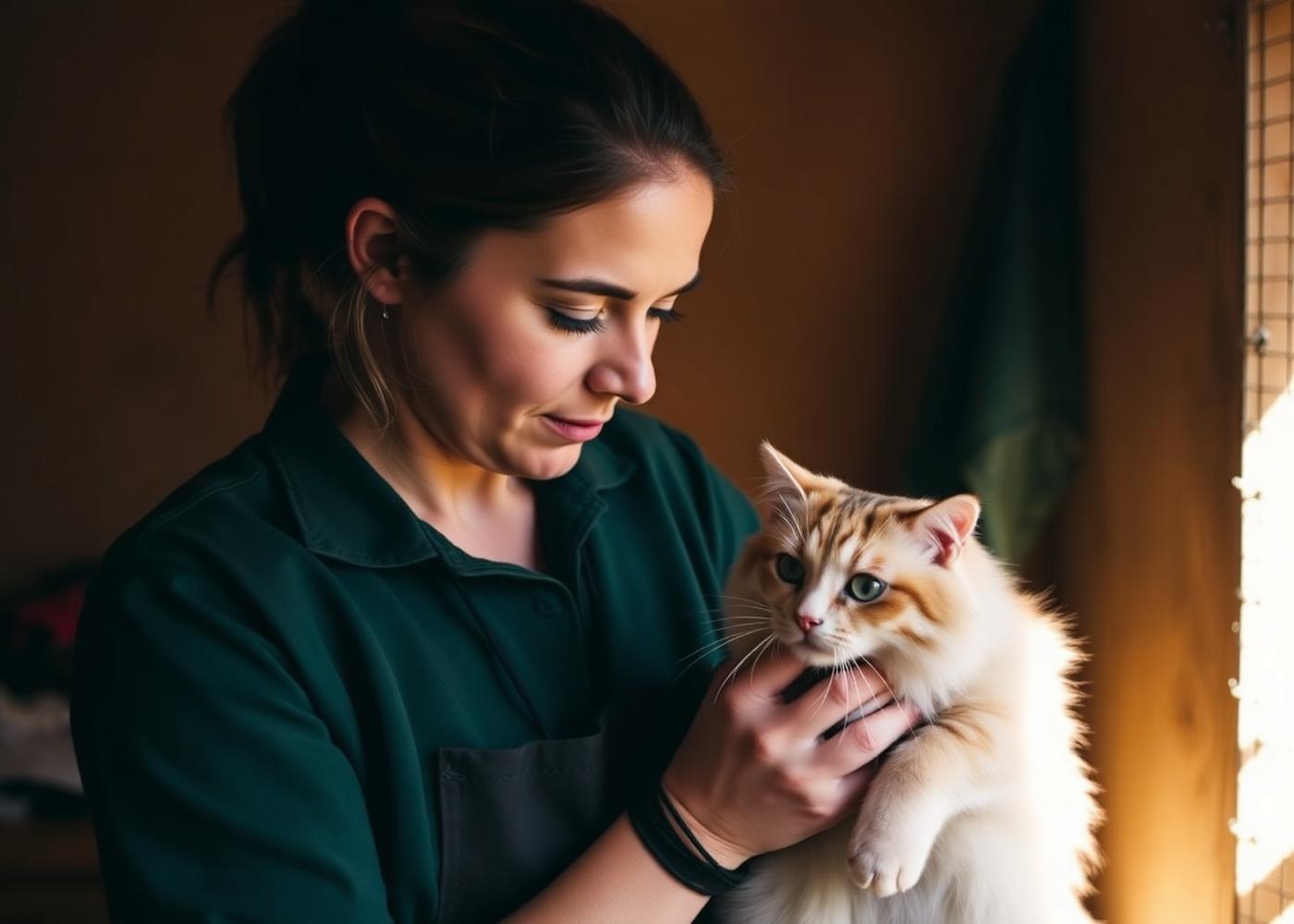 A rescue volunteer gently holding a long-haired cat