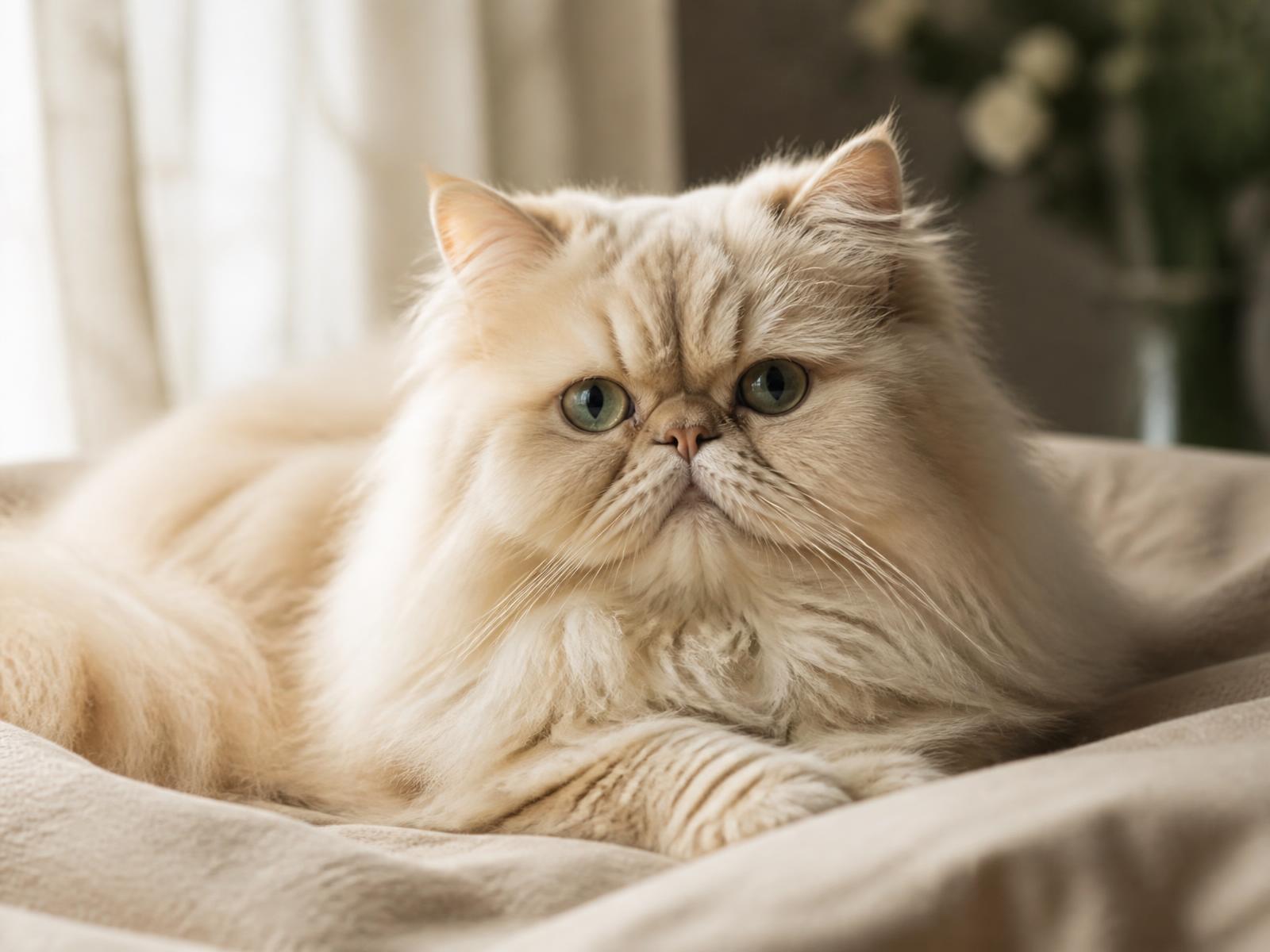 Cream Persian cat resting in soft window light